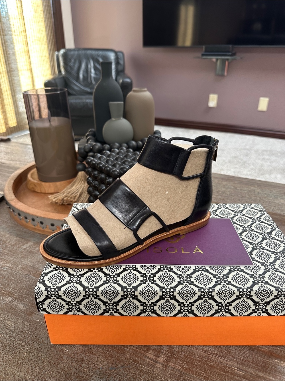 Isola Black and Beige Leather-Trim Open-Toe Sandal